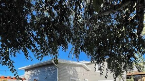 Una propiedad residencial con camino de entrada de grava, mobiliario exterior y un patio cubierto.