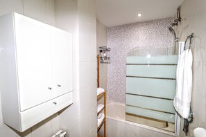 Hair dryer, bidet, towels, soap