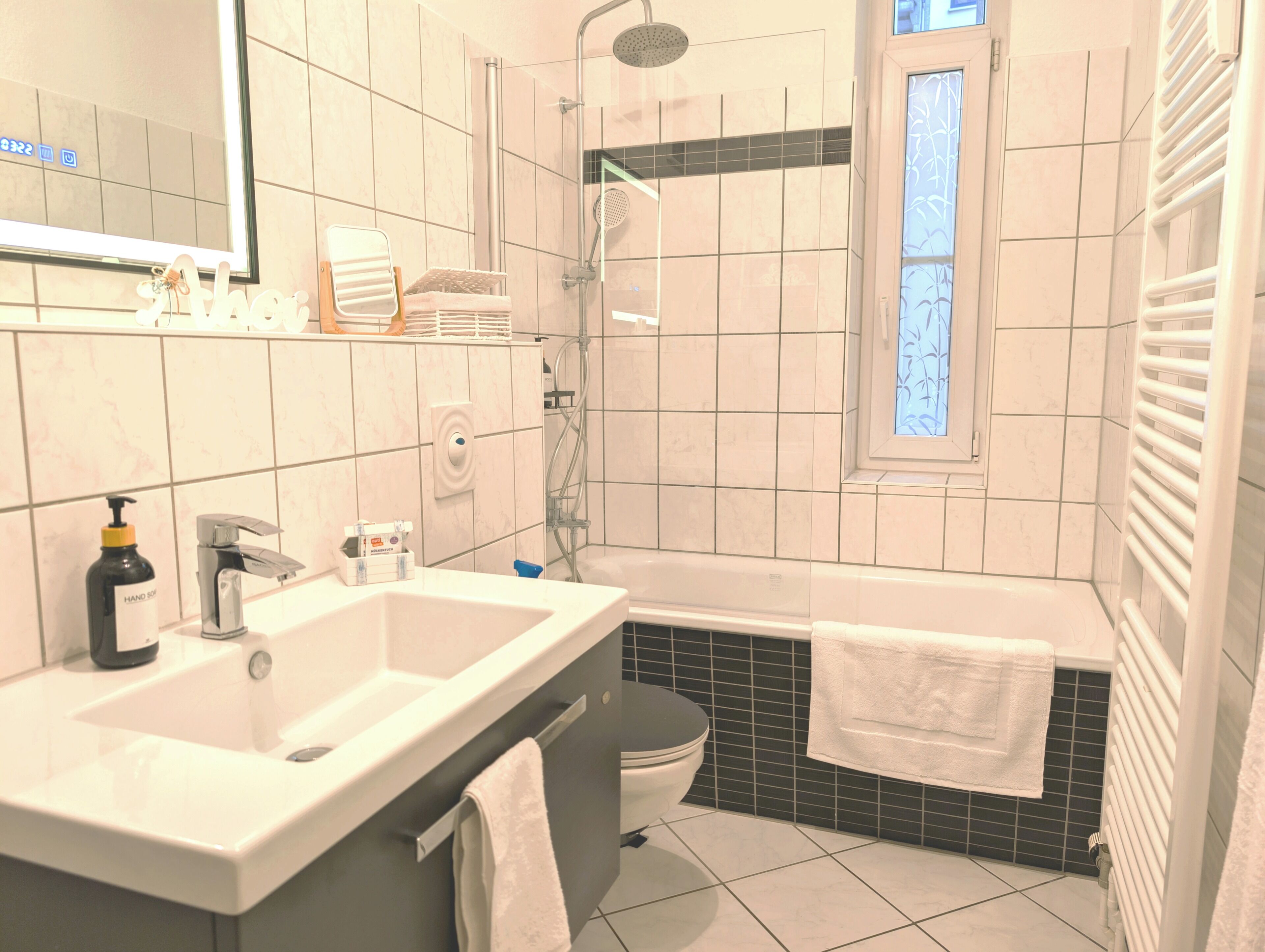 Haartrockner, Handtücher, Seife, Toilettenpapier