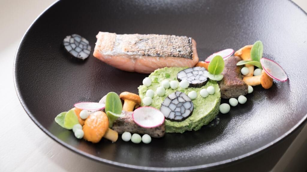 Un plato negro con salmón, aguacate, rábanos y pequeñas esferas.