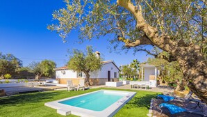 Un espace piscine doté d’une piscine rectangulaire, entourée d’une pelouse bien entretenue, d’une terrasse avec mobilier d’extérieur et d’un bâtiment blanc surmonté d’un toit en tuiles.