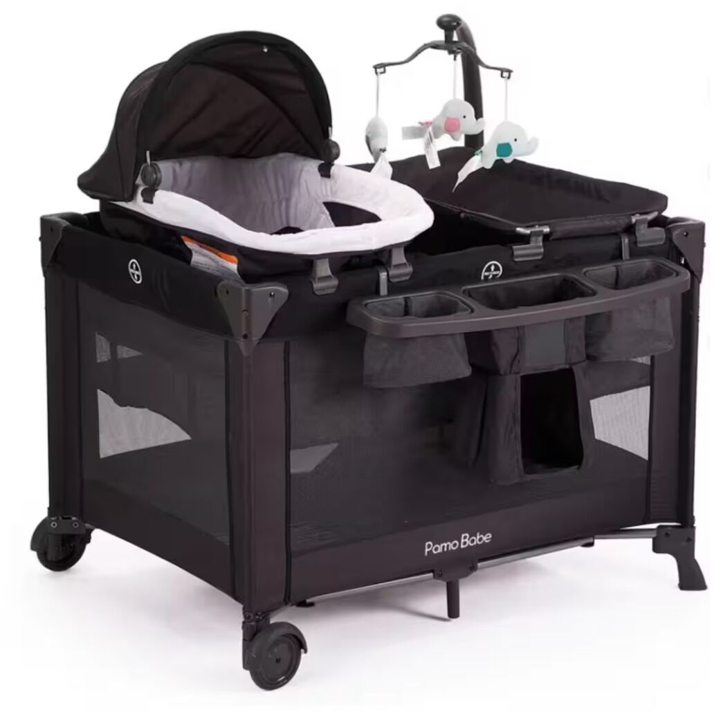 A black travel stroller with a canopy, storage basket, and a baby seat.