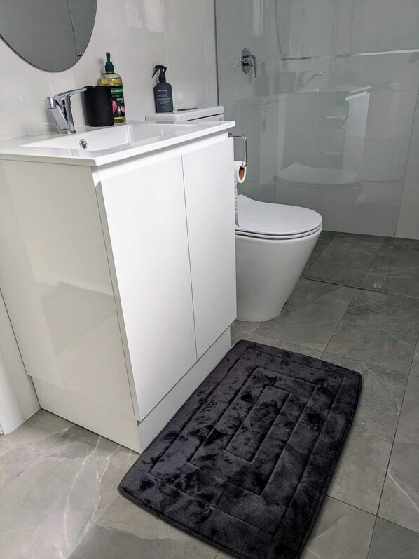 Hair dryer, towels, soap, shampoo