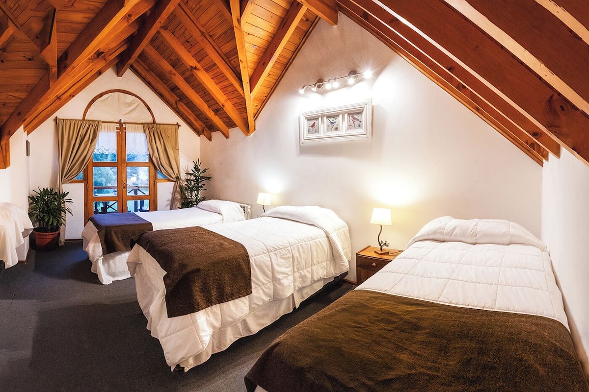 Une chambre avec deux lits, des poutres apparentes, une fenêtre avec des rideaux, une plante et un tableau accroché au mur.