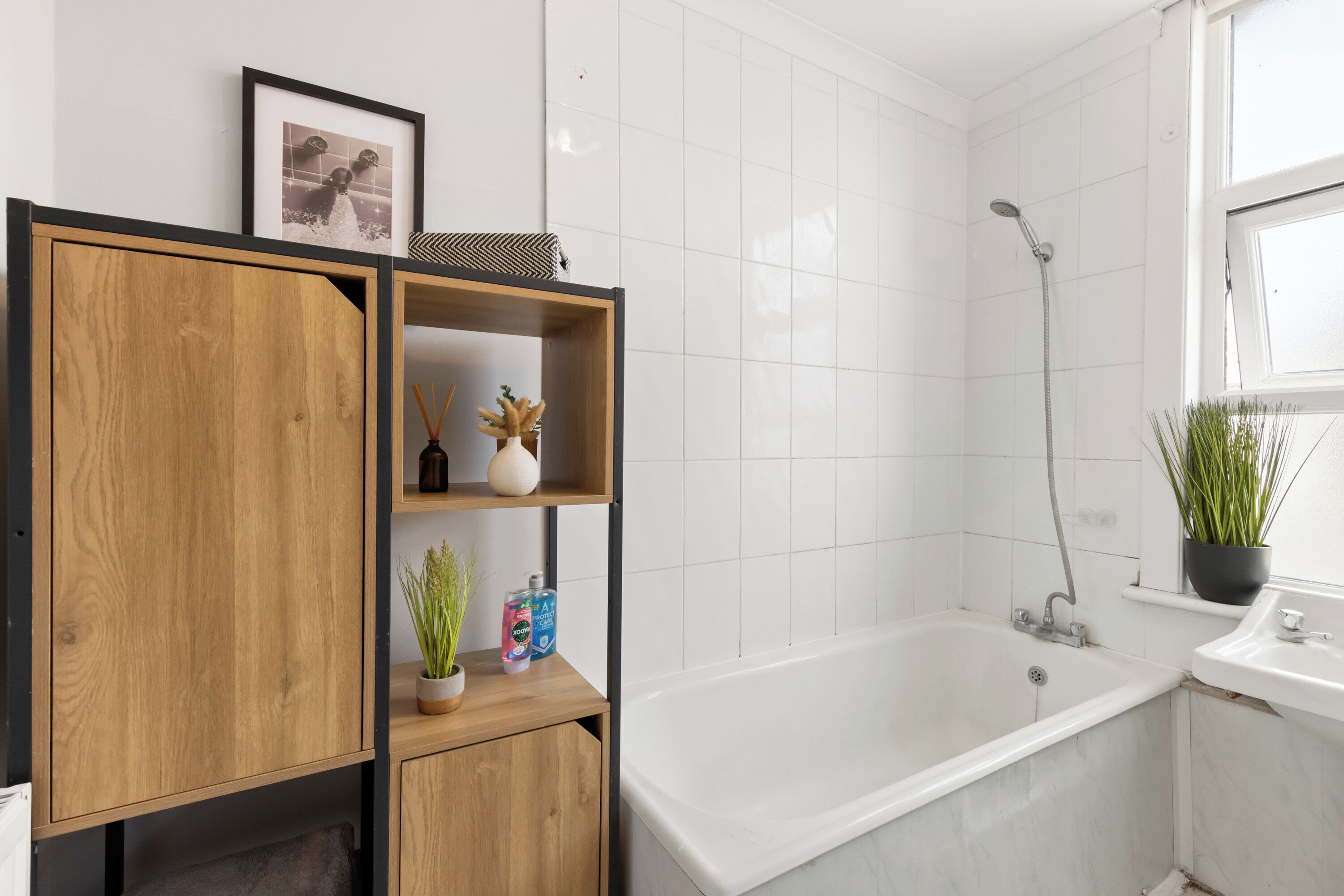 Hair dryer, towels, soap, toilet paper
