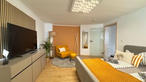 Un dormitorio moderno con una cama, un televisor, un sofá y un espejo.