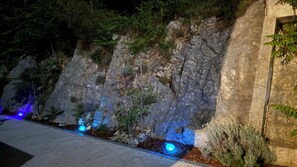 A rocky outdoor area with a water feature and plants.