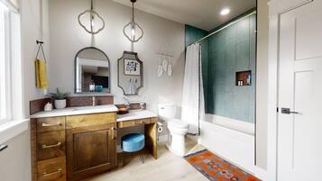 Hair dryer, towels, soap, shampoo