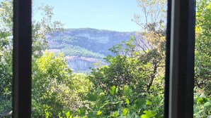 A view through a window of a natural landscape with a cliff and greenery. - Beautiful Mountain Views with your own private hot tub! (Cashiers)