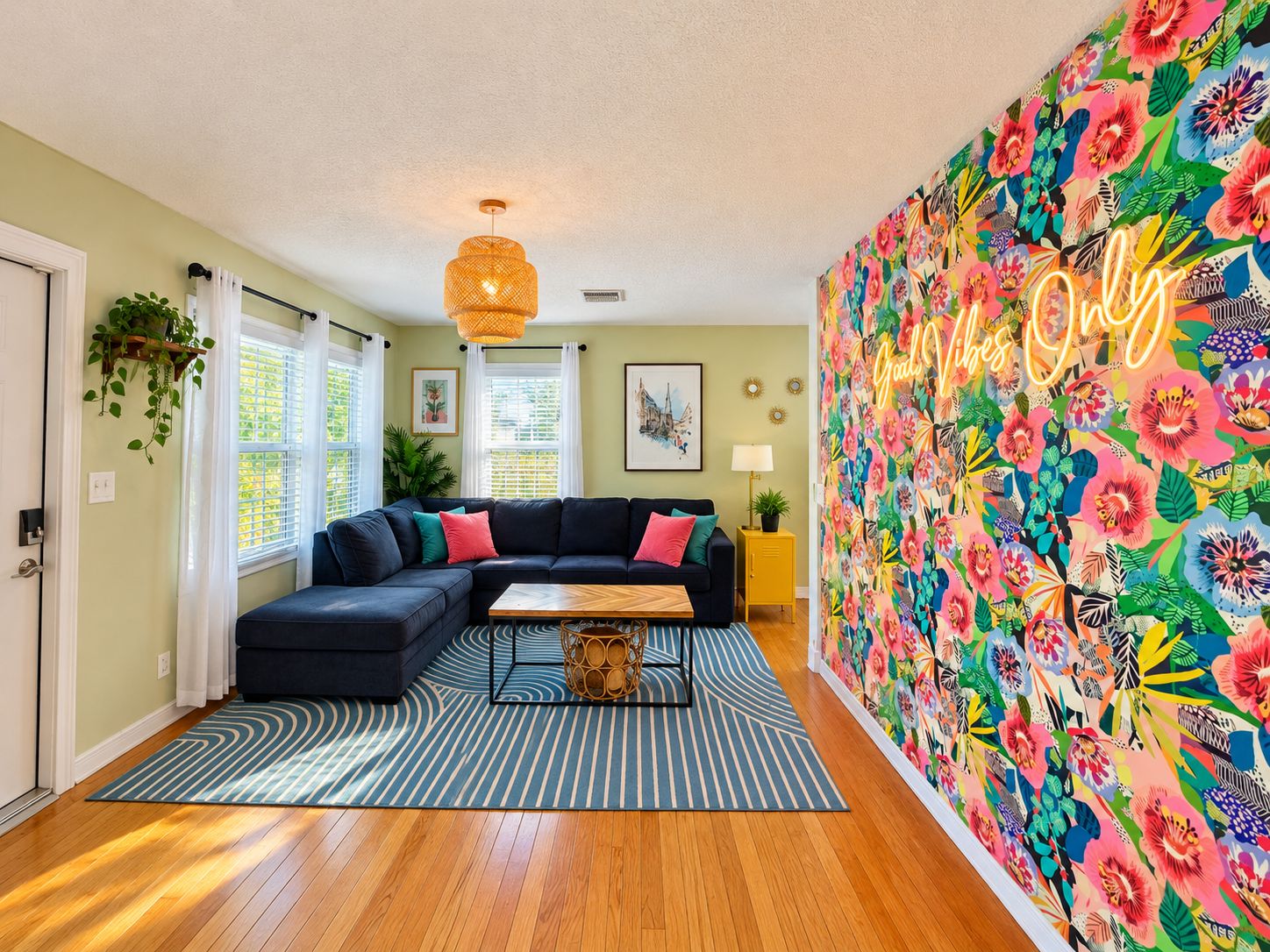 A living room with a sectional sofa, a coffee table, a patterned rug, and a vibrant floral wall mural.