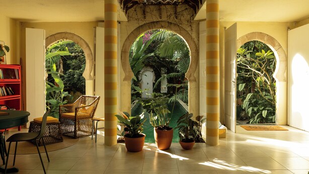 An indoor space with a tiled floor, a red bookshelf, a round table, and several potted plants. - O Portalzinho (Paraty)