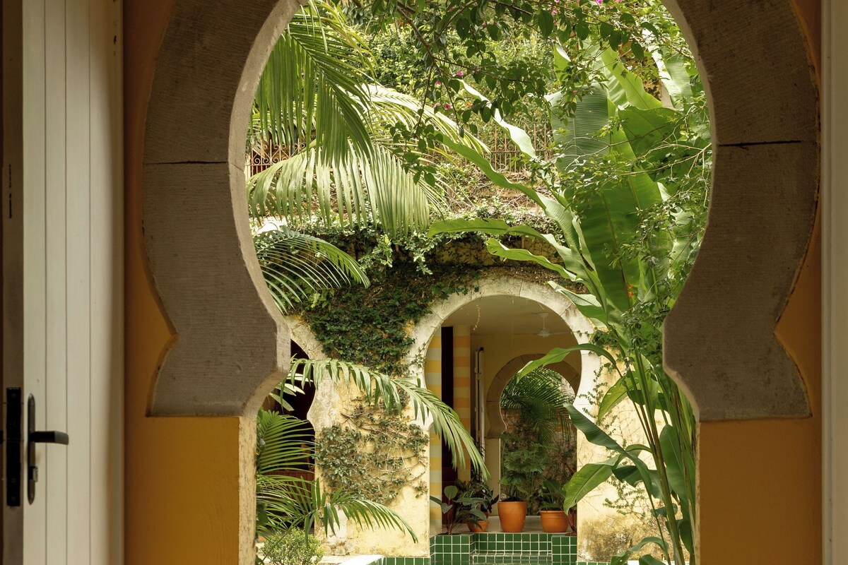 Vista a través de un arco a un área de piscina con plataforma de cerámica y plantas en macetas.