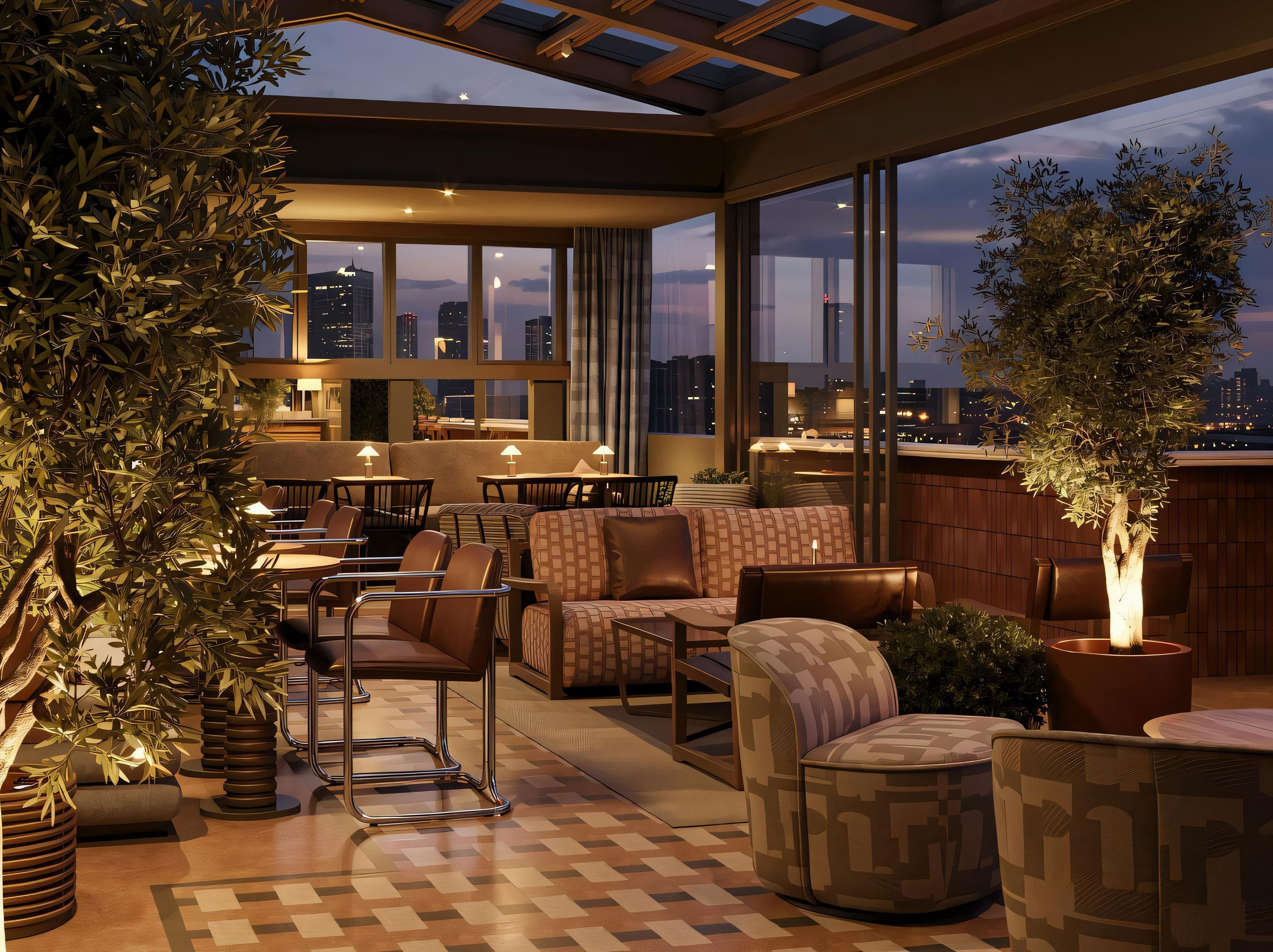 A modern lounge area with seating and tables, large windows, and indoor plants.