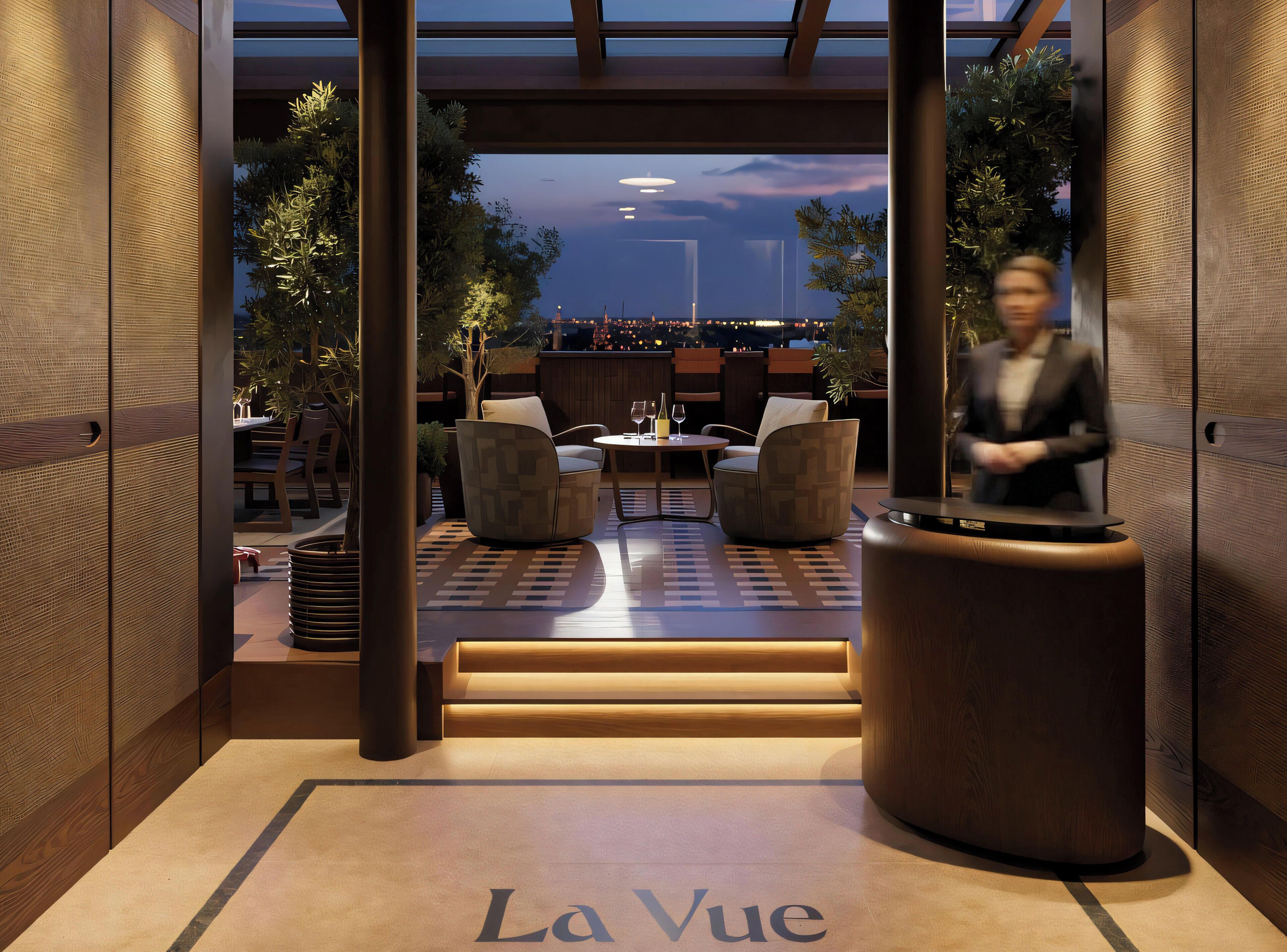 A modern hotel entrance with a reception desk, seating area, and a view of the cityscape.