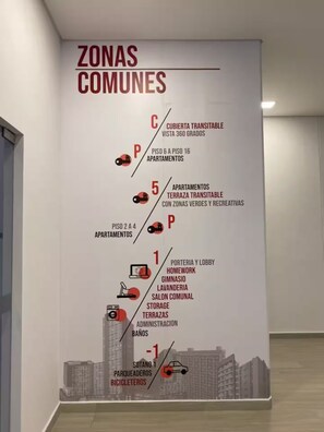 A vertical infographic detailing a building's amenities and apartment levels, including a 360-degree view terrace, multiple floors of apartments, and various facilities like a gym, laundry, and a communal salon.