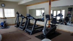 A gym with treadmills, exercise bikes, and a large mirror. - Charming 3-bedroom condo in pleasant Eden with AC, fitness room, WiFi (Eden)