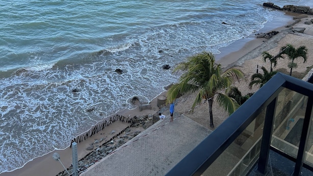 A coastal view from a balcony overlooking a beach with waves, a palm tree, and a rocky shoreline. - Melhores Flats - Paraíso à beira-mar (João Pessoa)