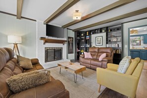 TV connectée, cheminée, lecteur de DVD, livres