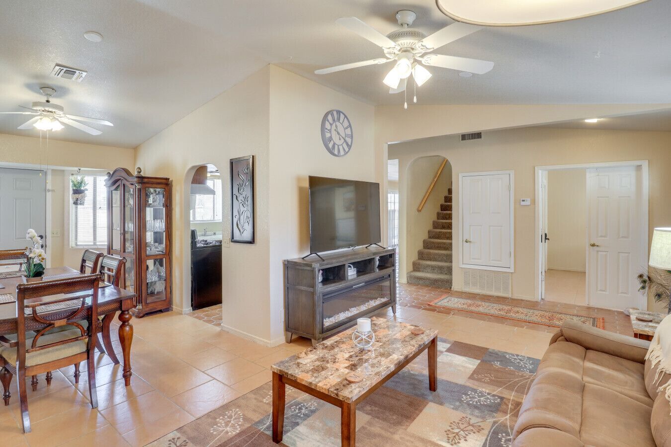 Smart TV, fireplace, books