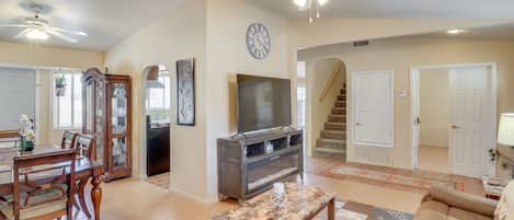 Smart TV, fireplace, books