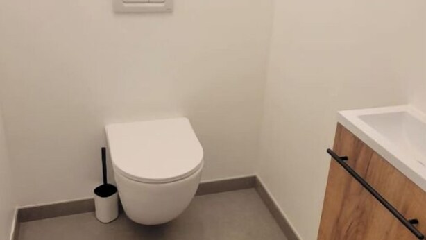 A small, clean bathroom with a toilet, a bidet, and a wooden cabinet with a sink. - Cosy, spacious house near Puy du Fou (La Boissière-de-Montaigu)