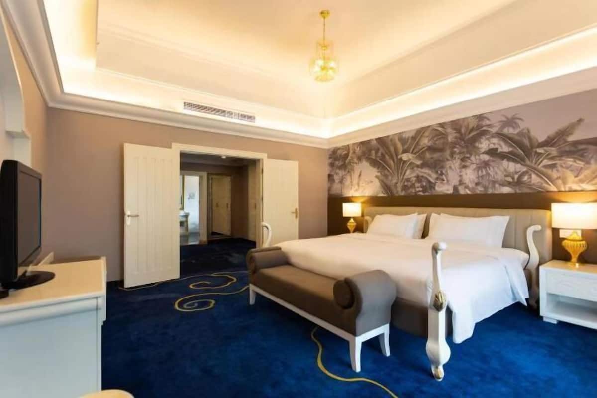 A hotel room with a large bed, bedside tables with lamps, a television, and a blue carpet.