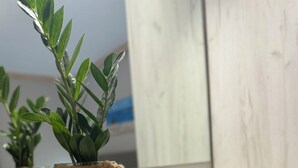 A wooden countertop with a potted plant wrapped in twine, a black mat, and a mug. - DOM SUITES (Daratsos)