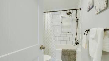 Hair dryer, towels, soap, toilet paper
