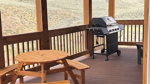 Une terrasse en bois équipée d’un barbecue, d’une table de pique-nique et de bancs.