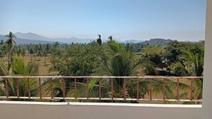 Un balcone con ringhiera in metallo che si affaccia su un paesaggio con palme e montagne lontane.