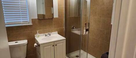 Hair dryer, towels, soap, toilet paper