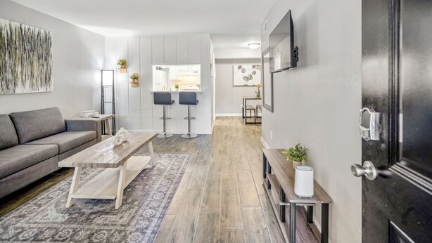Una sala moderna con un sofá gris, una mesa de centro de madera y un tapete estampado. Cuenta con una zona de cocina con armarios blancos y una encimera negra.