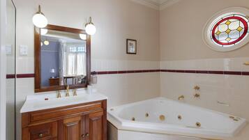 Jetted bath, hair dryer, towels, soap