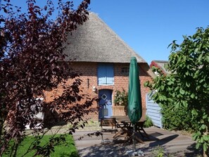 Una casa de ladrillo con techo de paja, una puerta azul y un paraguas verde.