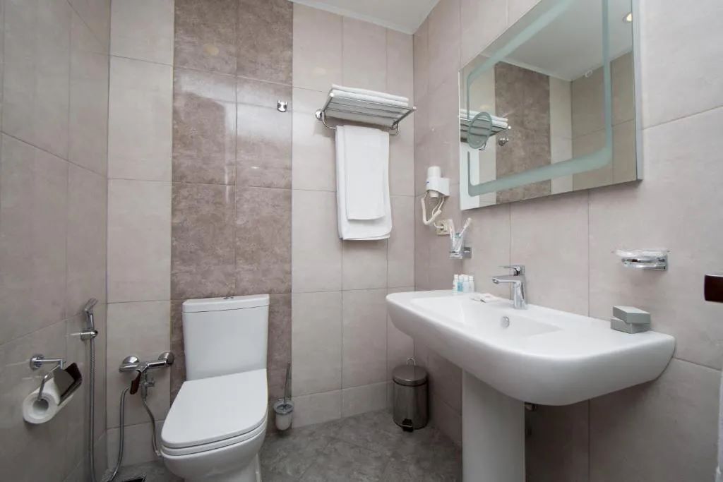 Un baño moderno con inodoro, lavabo y ducha.