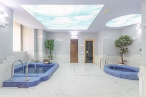 Een sauna, een bubbelbad, een stoombad, warm/mineraalwaterbronnen