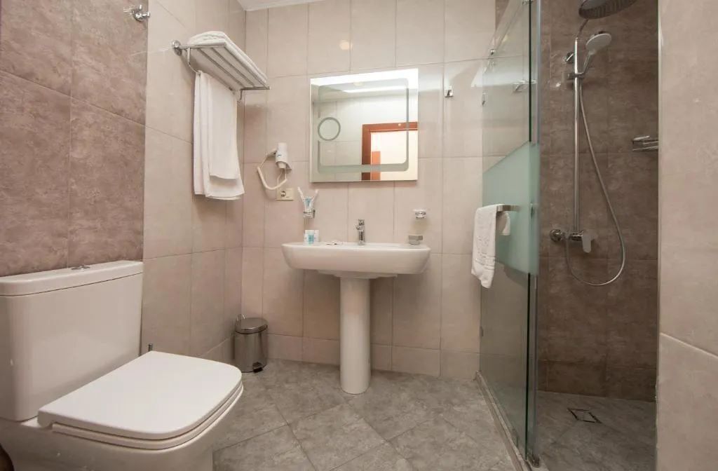 Ein Badezimmer mit Toilette, Waschbecken und Dusche.