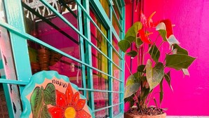 Fachada colorida con una pared rosa vibrante, una ventana con marco verde aguamarina y una planta en maceta.