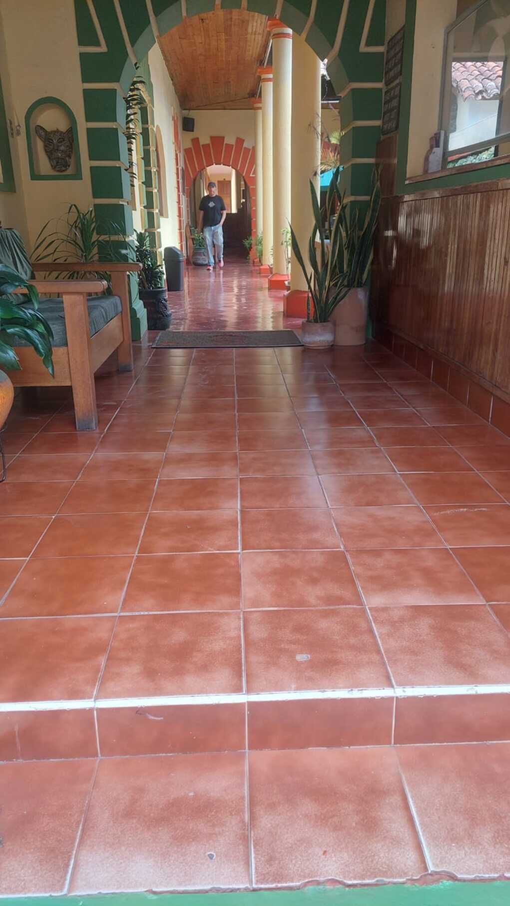 Un pasillo con suelo de baldosas, un banco de madera y plantas en macetas.
