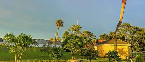 Un jardín bien cuidado con palmeras, un pequeño edificio amarillo y un césped.