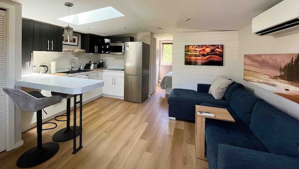 Una cocina moderna con una isla central, armarios oscuros y un refrigerador grande.