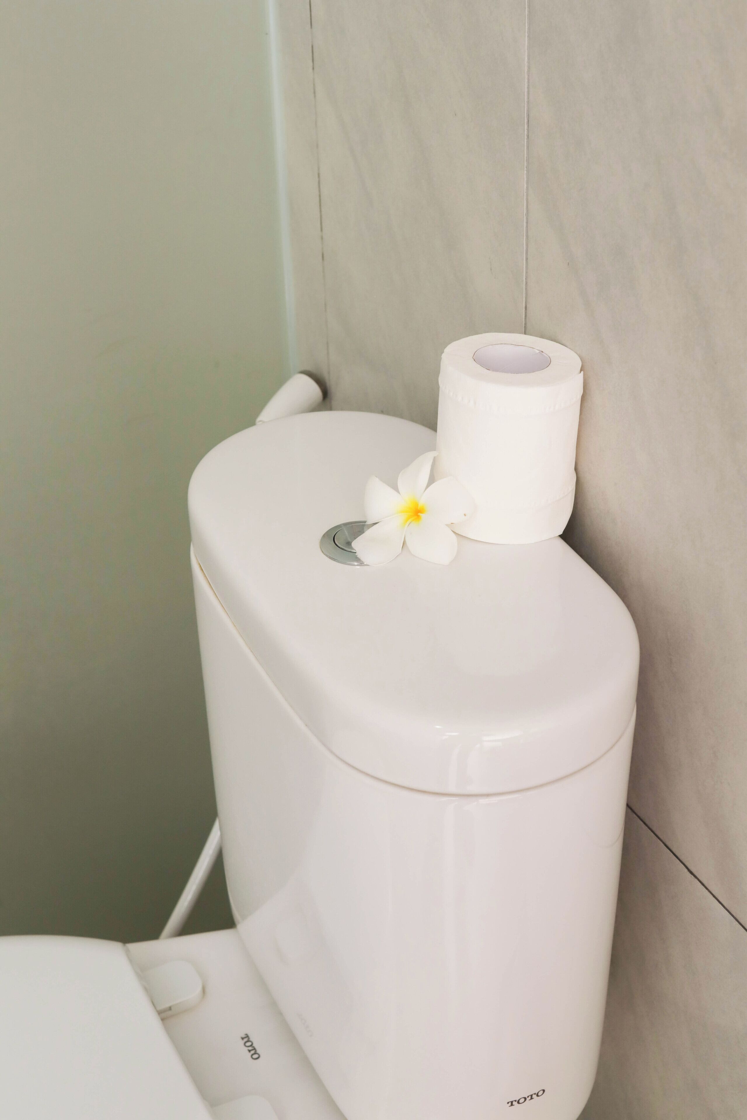 A toilet with a toilet paper roll and a flower on the tank.