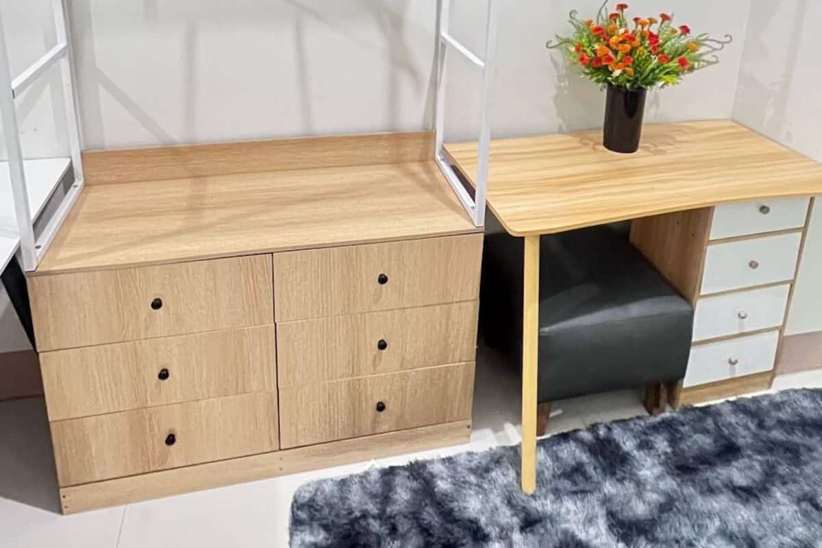 Un lit superposé avec un bureau et des tiroirs, une petite plante en pot et un tapis moelleux.