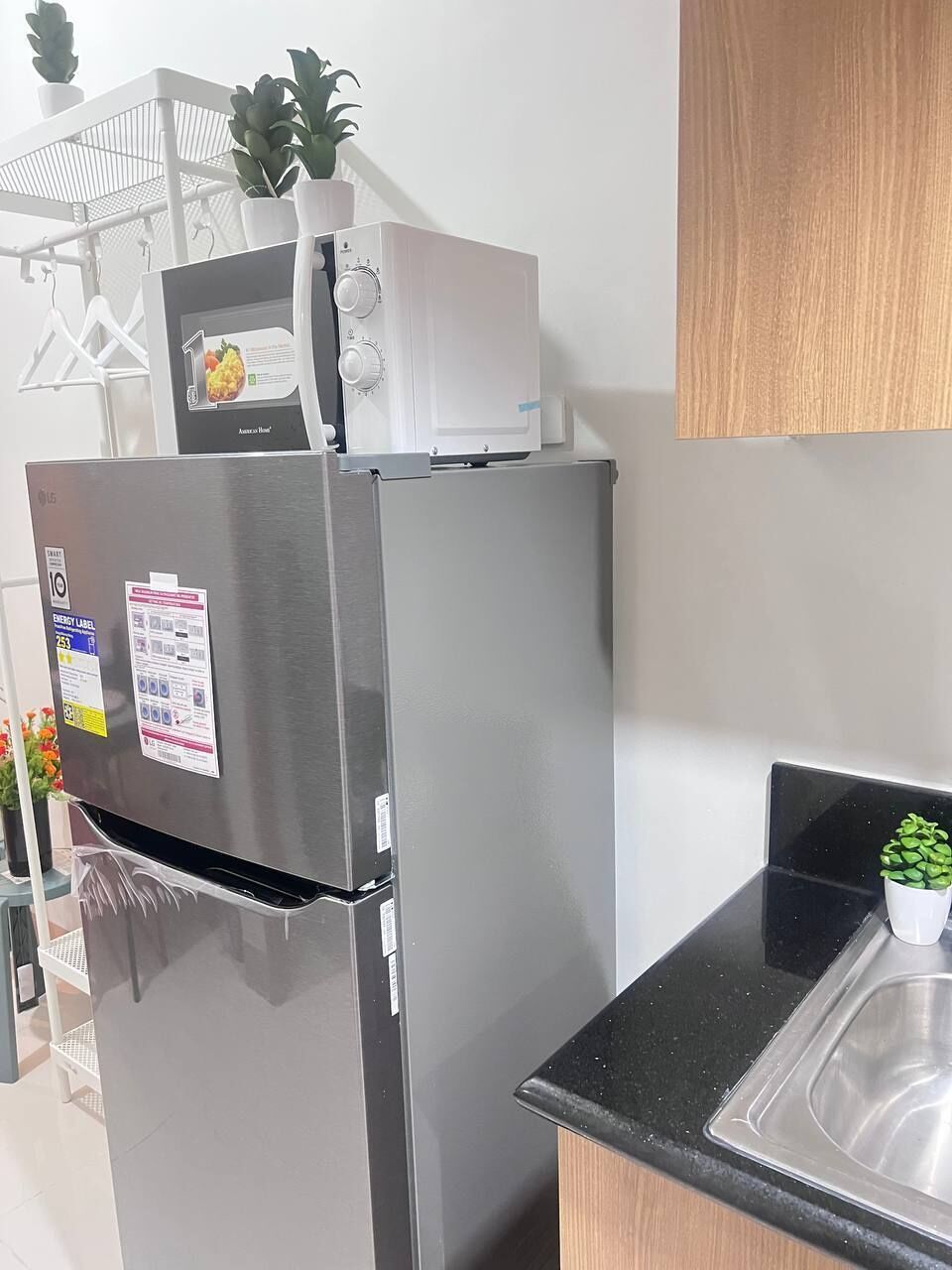 A stainless steel refrigerator with an energy label, a microwave on top, and a small potted plant on the countertop.