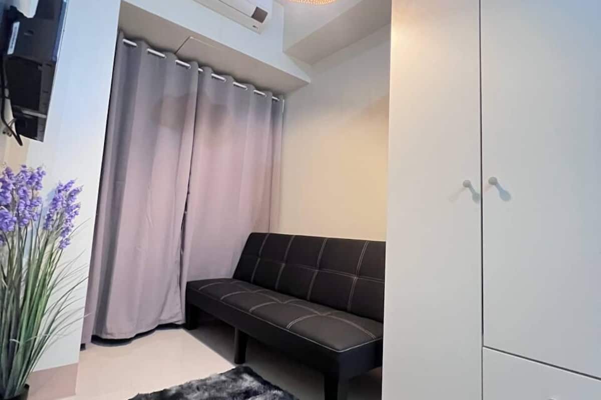 A room with a sofa, a wardrobe, a potted plant, and a ceiling light fixture.