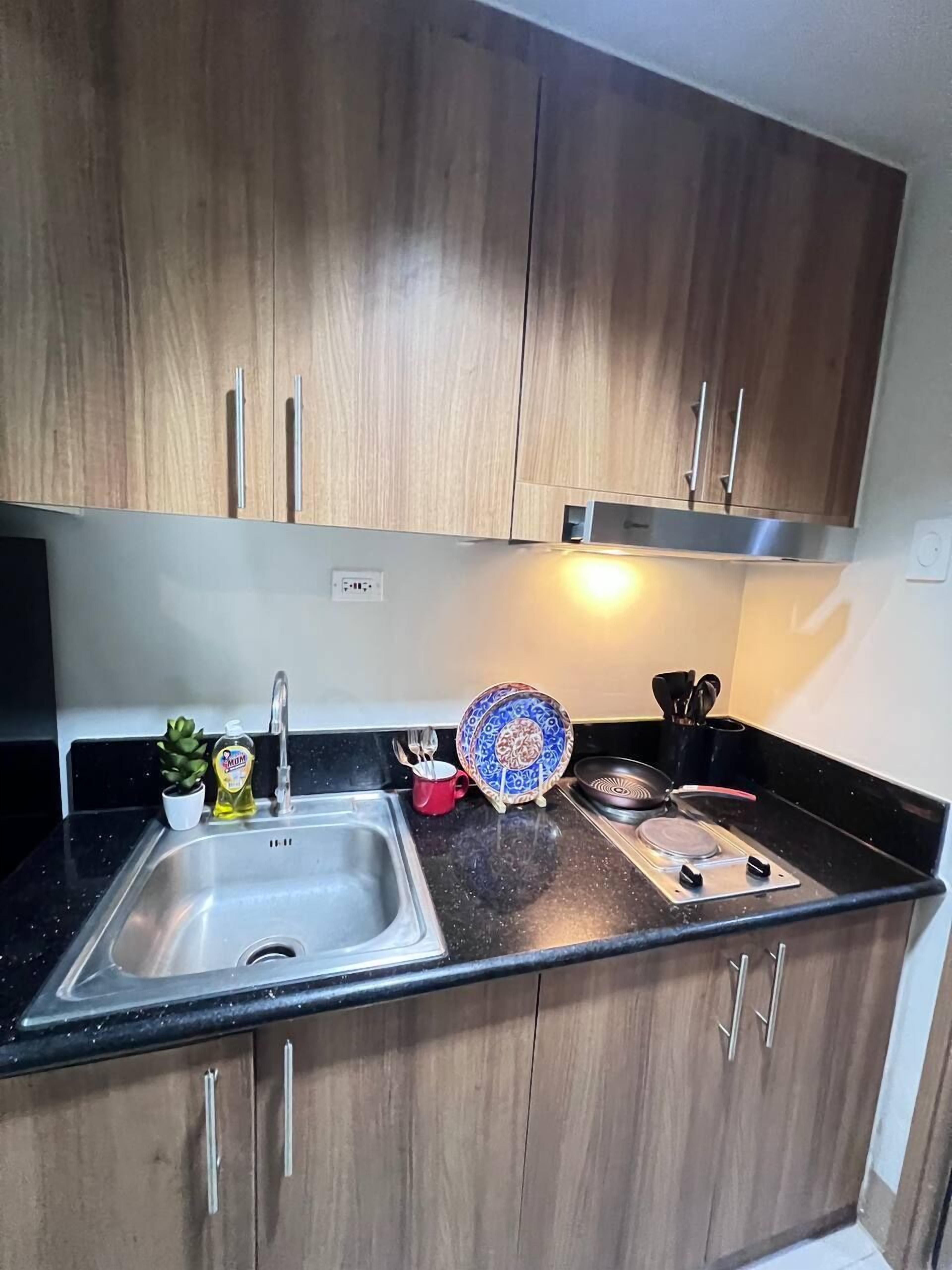 Una cocina con armarios de madera, un lavamanos de acero inoxidable, una estufa y una pequeña planta en maceta.