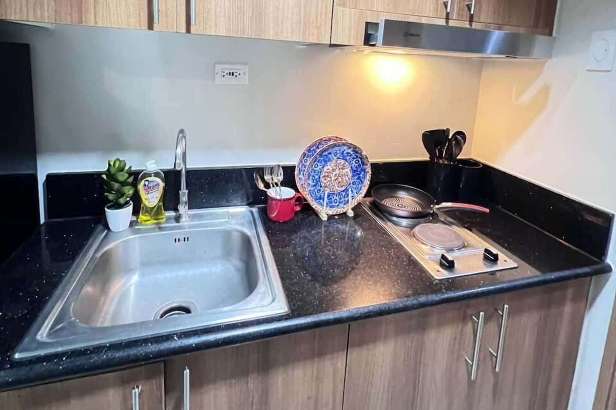 Una cocina con armarios de madera, un lavamanos de acero inoxidable, una estufa y una pequeña planta en maceta.