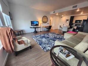 Premier Apartment, 2 Bedrooms | Living area | 55-inch Smart TV with digital channels, Netflix, streaming services - Premier Apts in Vibrant Downtown LA (Los Angeles)