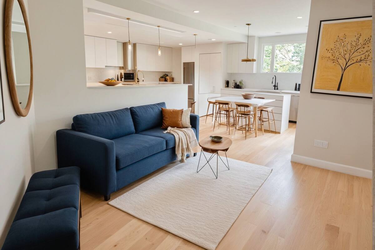 Ein modernes Wohnzimmer mit einem blauen Sofa, einem kleinen runden Tisch und einer Küche im Hintergrund.