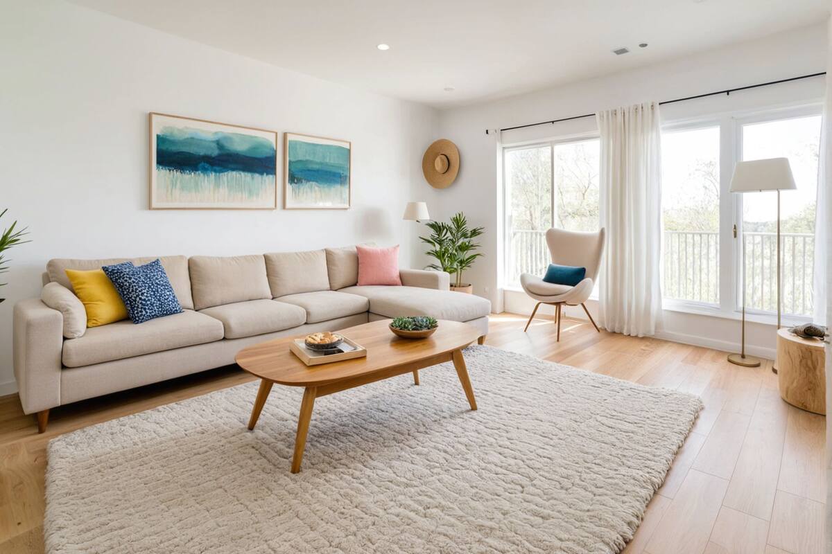 Ein Wohnzimmer mit einem beigen Sofa, einem Couchtisch und einem großen Fenster mit Vorhängen.